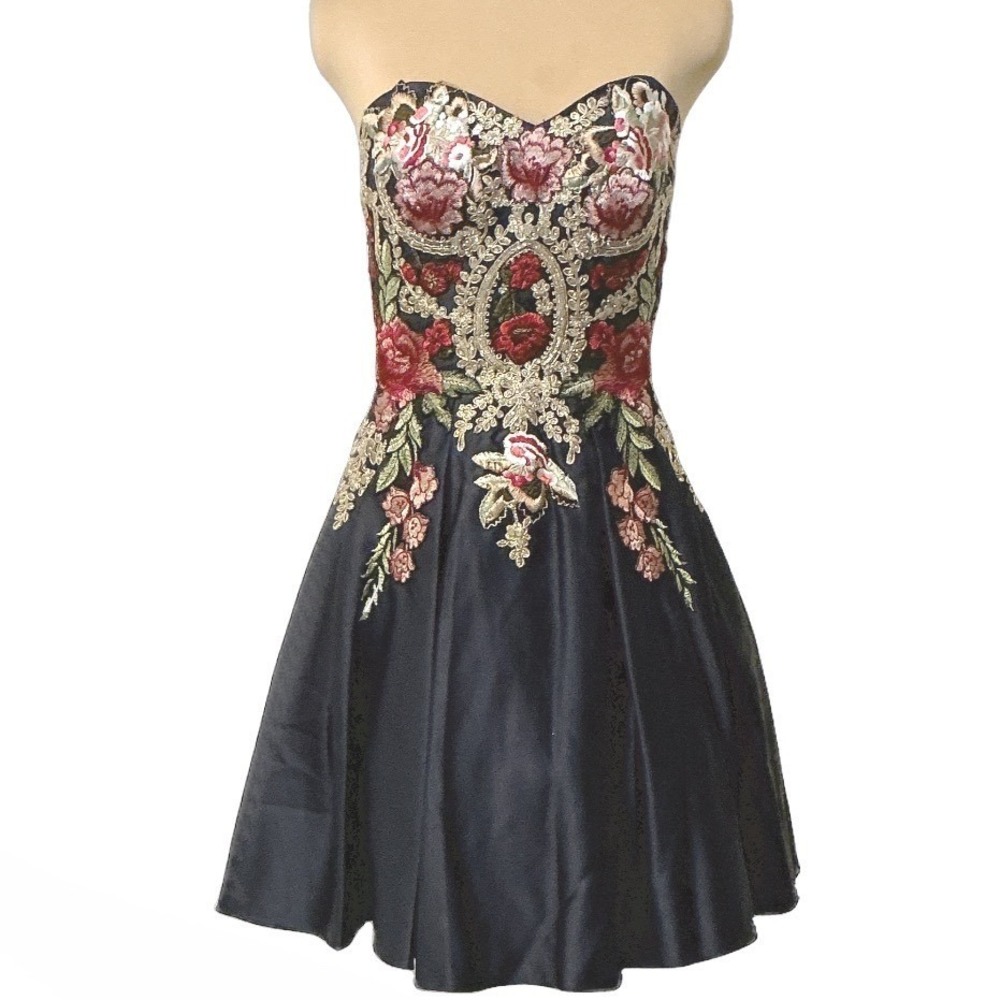 Blondie Nites Navy Strapless Embroidered Satin Dress Corset Back Short - Picture 4 of 16